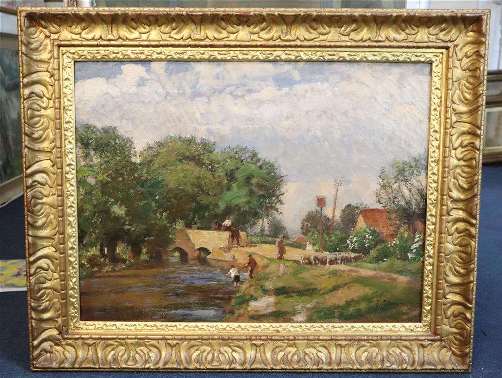 Sir David Murray RA (1849-1933), oil on canvas, River scene with a stone bridge